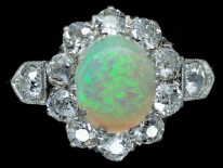 Edwardian 18ct Gold Opal & Diamond Cluster Ring with Diamond Shoulders