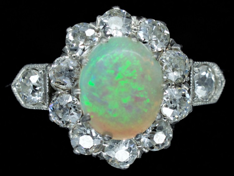 Edwardian 18ct Gold Opal & Diamond Cluster Ring with Diamond Shoulders