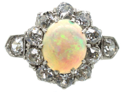 Edwardian 18ct Gold Opal & Diamond Cluster Ring with Diamond Shoulders