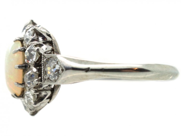 Edwardian 18ct Gold Opal & Diamond Cluster Ring with Diamond Shoulders