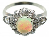 Edwardian 18ct Gold Opal & Diamond Cluster Ring with Diamond Shoulders