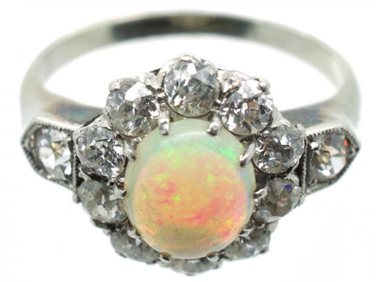 Edwardian 18ct Gold Opal & Diamond Cluster Ring with Diamond Shoulders