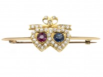 Edwardian 15ct Gold Sapphire, Ruby & Diamond Double Heart Brooch