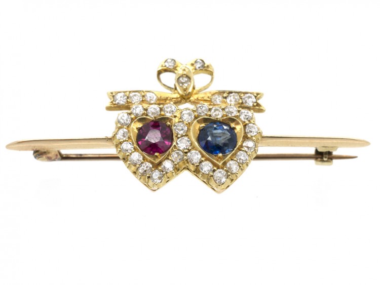 Edwardian 15ct Gold Sapphire, Ruby & Diamond Double Heart Brooch