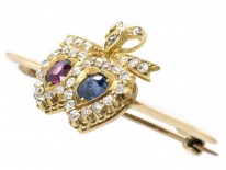 Edwardian 15ct Gold Sapphire, Ruby & Diamond Double Heart Brooch