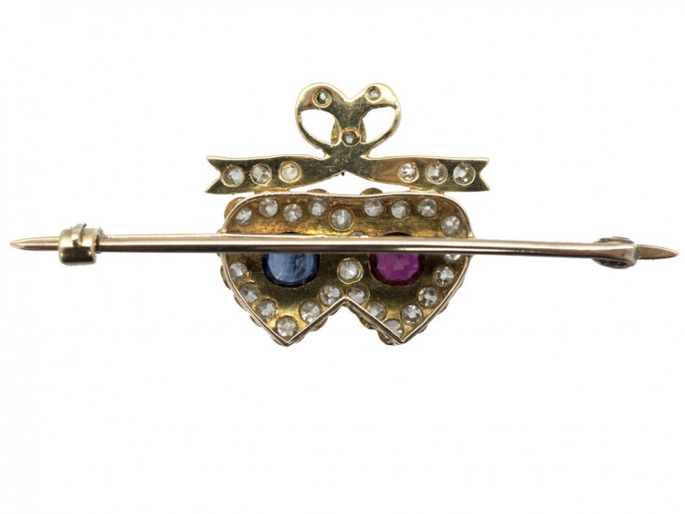 Edwardian 15ct Gold Sapphire, Ruby & Diamond Double Heart Brooch
