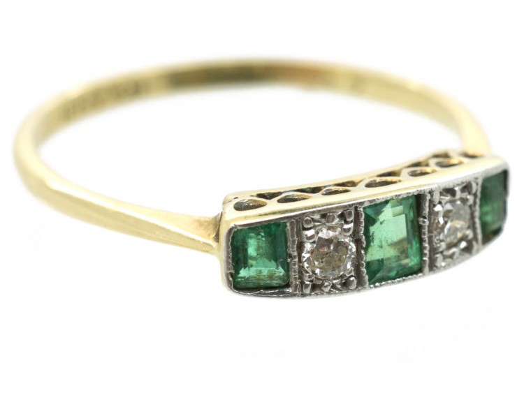 Art Deco Rectangular Cut Emerald & Diamond Ring