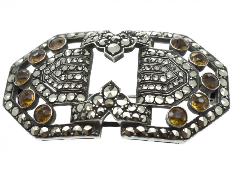 Art Deco Silver, Marcasite & Yellow Paste Brooch