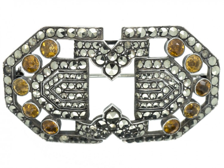 Art Deco Silver, Marcasite & Yellow Paste Brooch