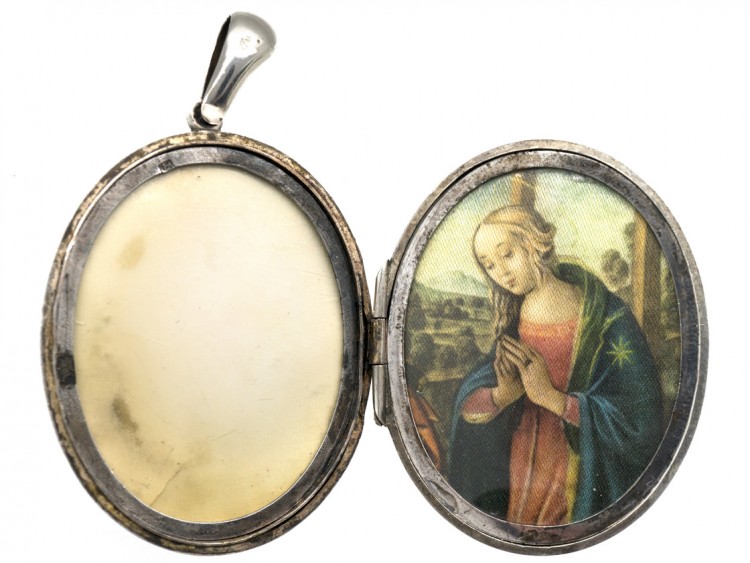 Victorian Silver Locket with Silk of Madonna Inside