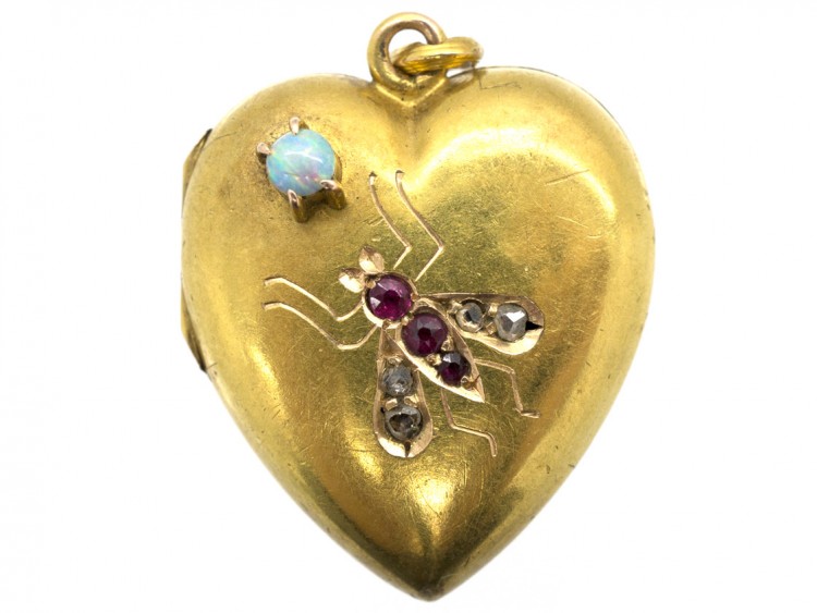 Edwardian 15ct Gold Heart Locket with a Gem Set Fly Motif