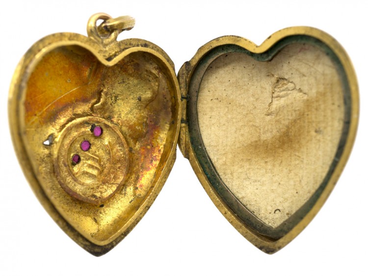Edwardian 15ct Gold Heart Locket with a Gem Set Fly Motif