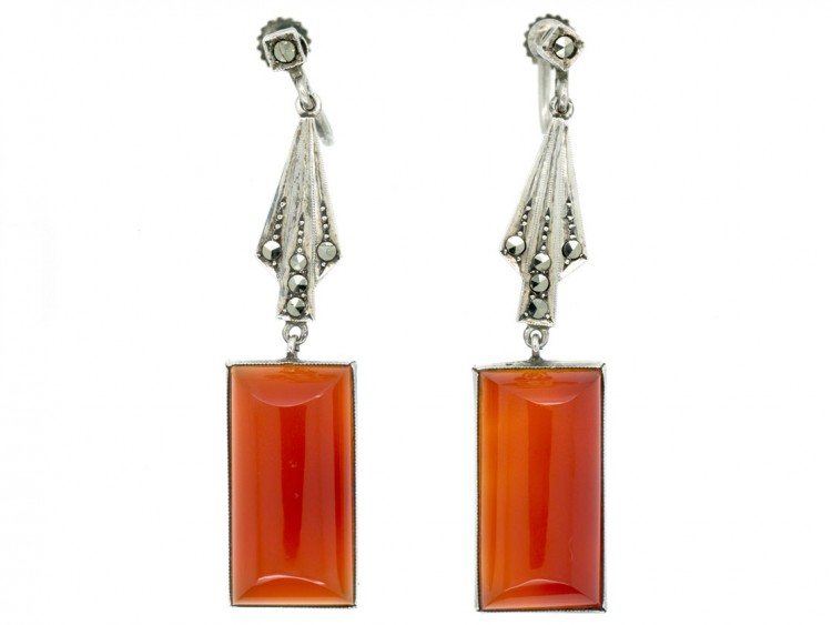 Art Deco Silver, Carnelian & Marcasite Drop Earrings