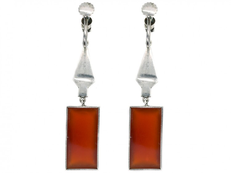 Art Deco Silver, Carnelian & Marcasite Drop Earrings