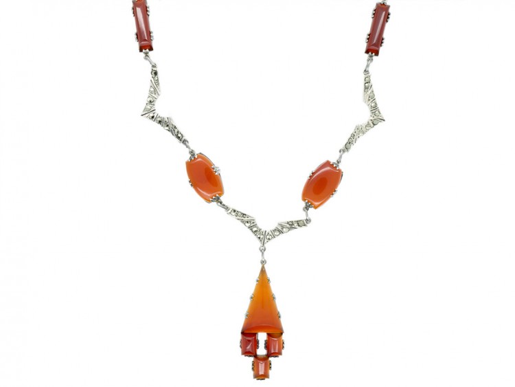 Art Deco Silver, Carnelian & Marcasite Necklace