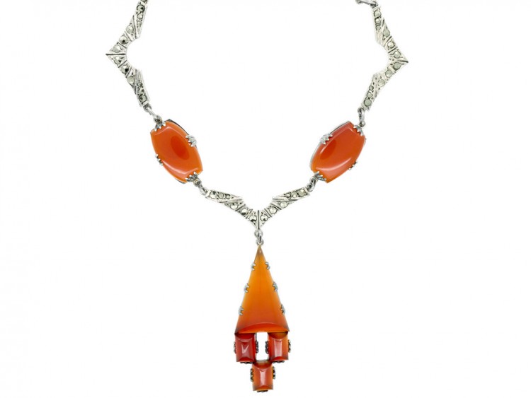 Art Deco Silver, Carnelian & Marcasite Necklace