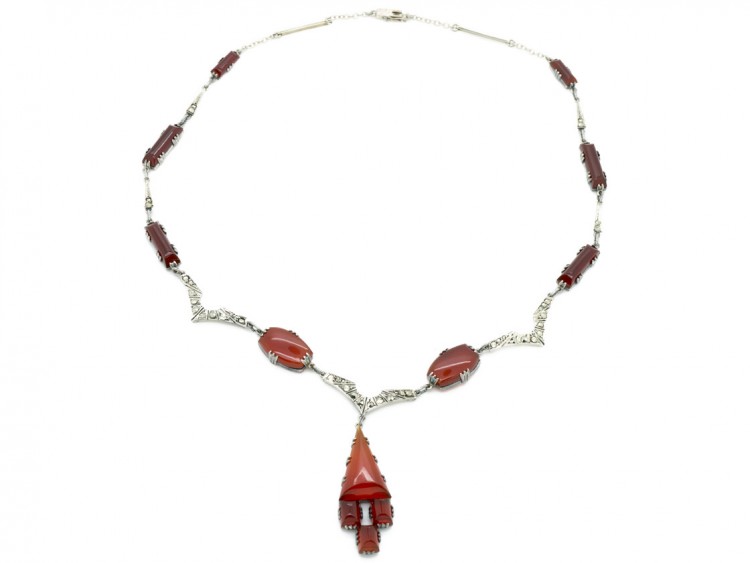 Art Deco Silver, Carnelian & Marcasite Necklace