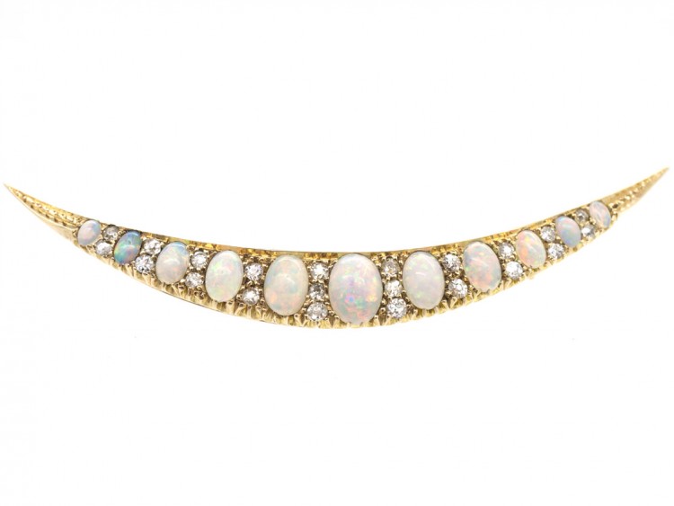 Victorian 18ct Gold Opal & Diamond Crescent Brooch