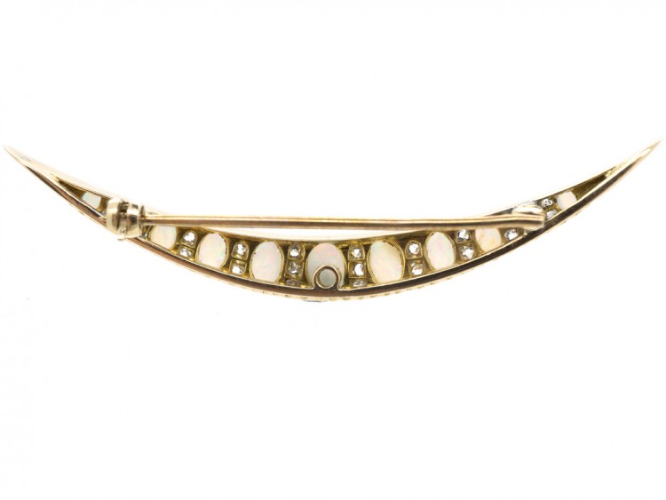 Victorian 18ct Gold Opal & Diamond Crescent Brooch