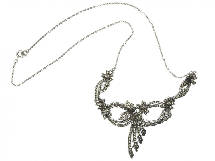 Silver Art Deco Marcasite Bow Necklace