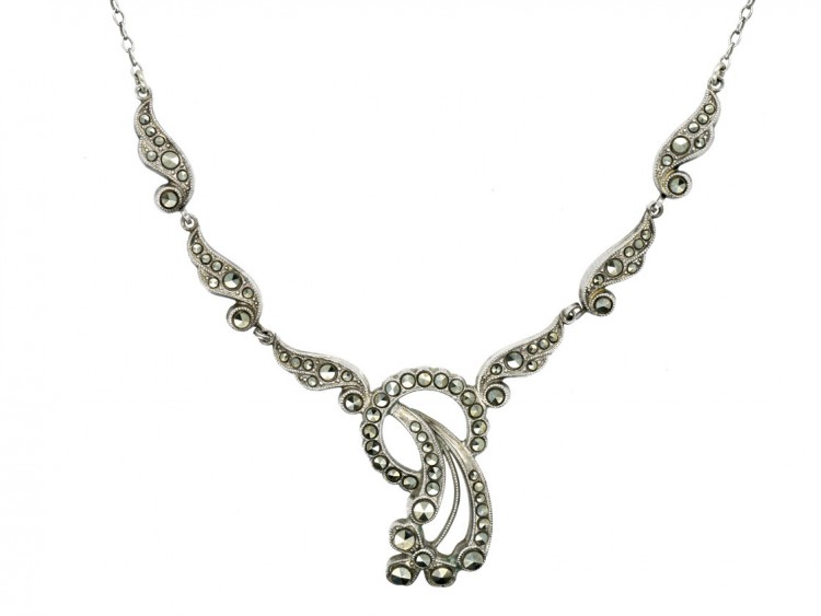 Art Deco Silver & Marcasite Circle & Wave Necklace
