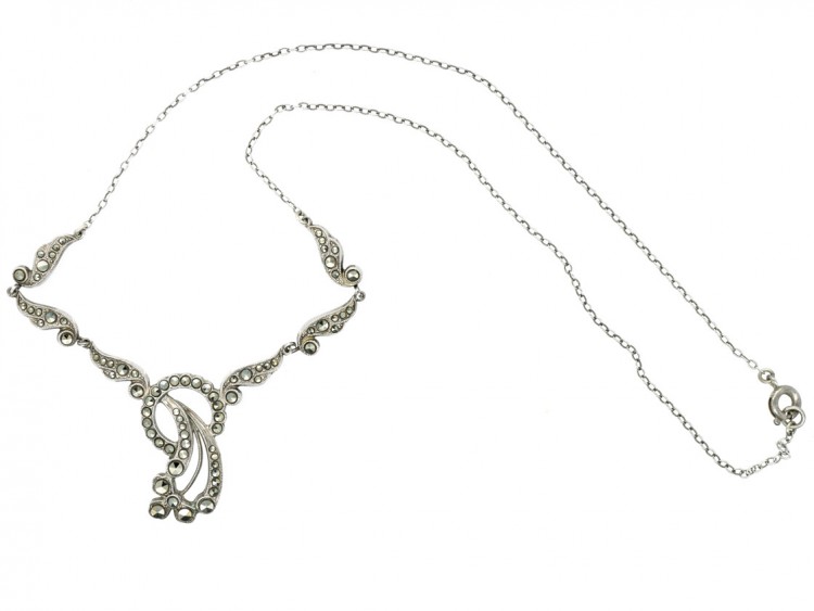 Art Deco Silver & Marcasite Circle & Wave Necklace