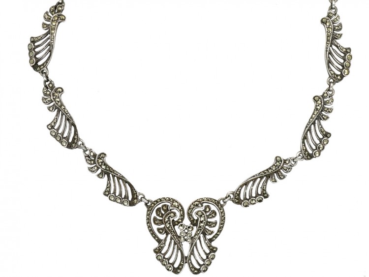 Art Deco Silver & Marcasite Stylised Wave Necklace