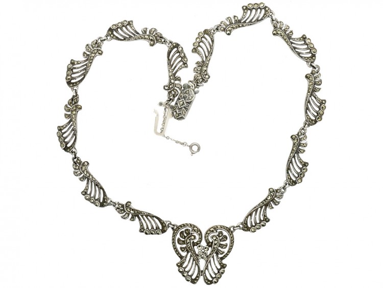 Art Deco Silver & Marcasite Stylised Wave Necklace