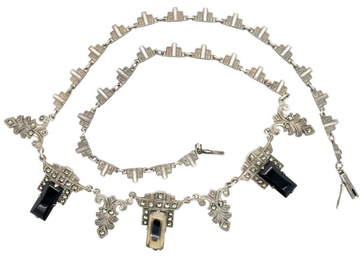 Art Deco Silver, Onyx & Marcasite Necklace