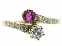 French 18ct Gold Diamond & Ruby Crossover Ring