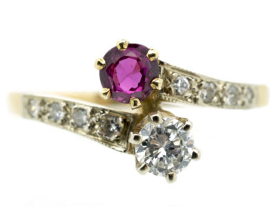 French 18ct Gold Diamond & Ruby Crossover Ring