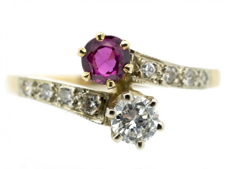 French 18ct Gold Diamond & Ruby Crossover Ring