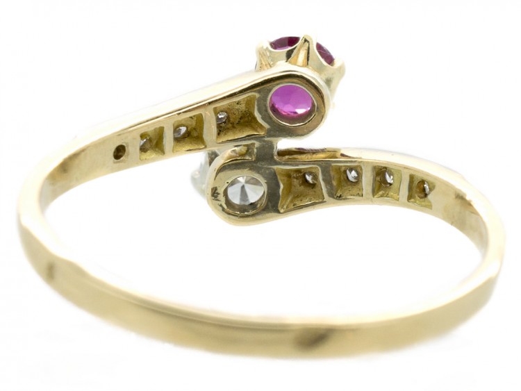 French 18ct Gold Diamond & Ruby Crossover Ring
