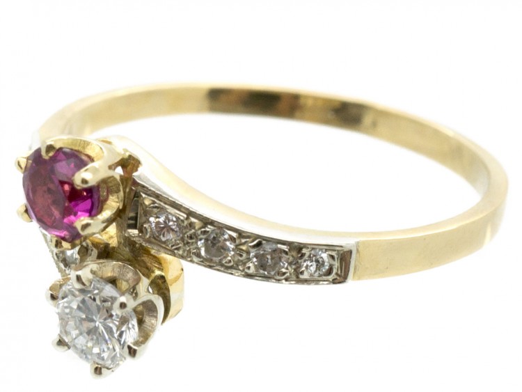French 18ct Gold Diamond & Ruby Crossover Ring