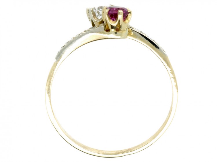 French 18ct Gold Diamond & Ruby Crossover Ring