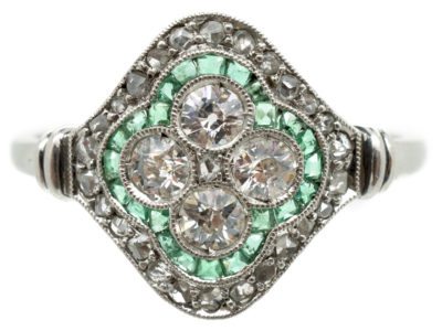 Art Deco Platinum, Emerald & Diamond Cluster Ring