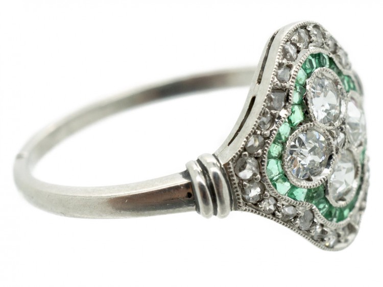 Art Deco Platinum, Emerald & Diamond Cluster Ring