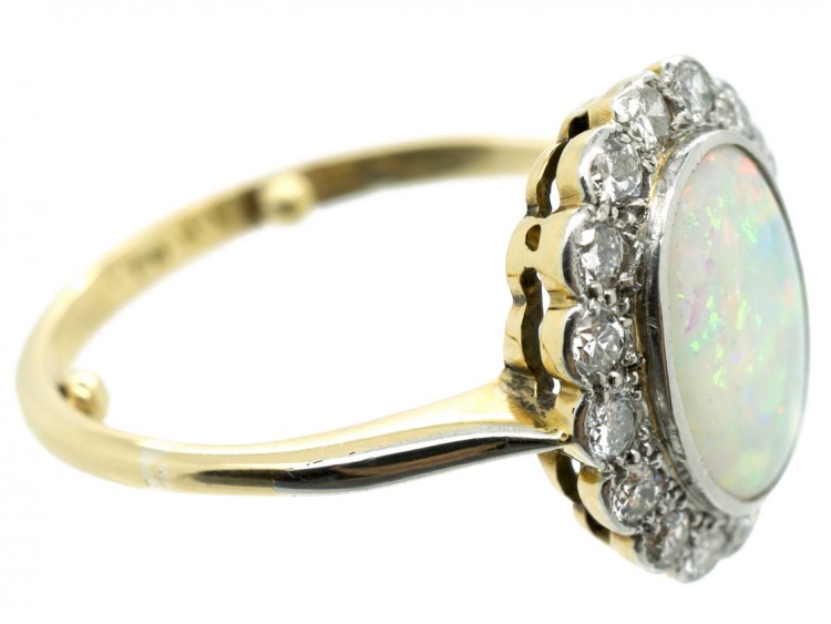 Edwardian 18ct Gold Opal & Diamond Cluster Ring
