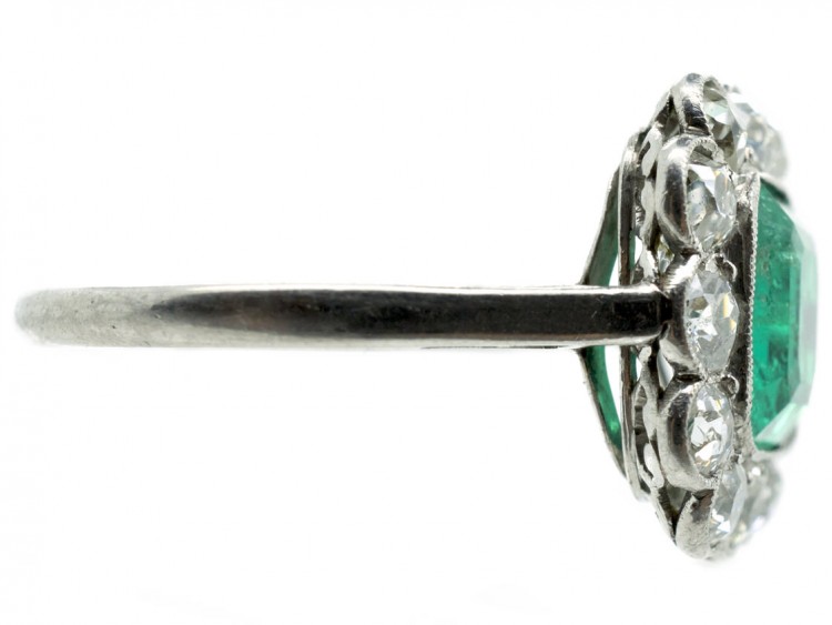 Large Platinum, Square Cut Emerald & Diamond Ring