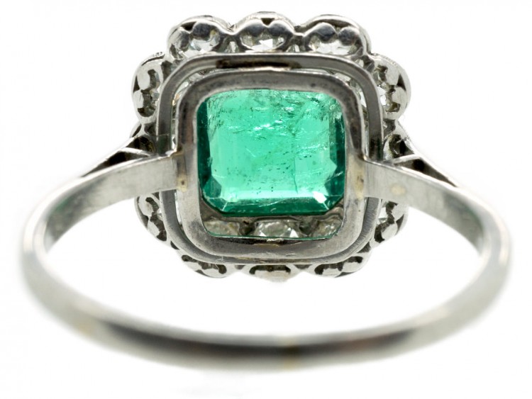 Large Platinum, Square Cut Emerald & Diamond Ring