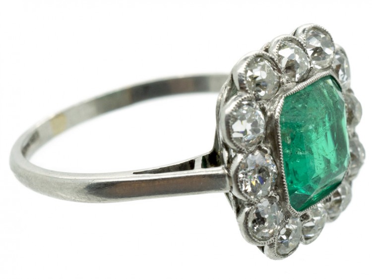 Large Platinum, Square Cut Emerald & Diamond Ring