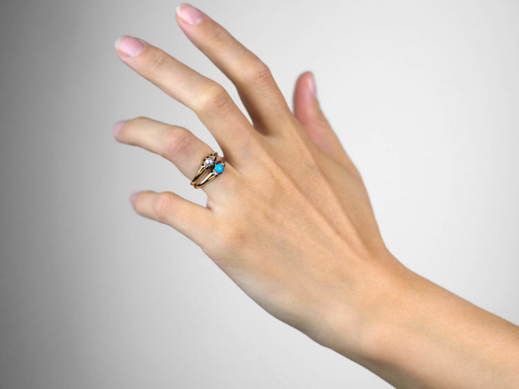 Victorian 18ct Gold Double Ring set with Turquoise, Diamonds & A Natural Pearl