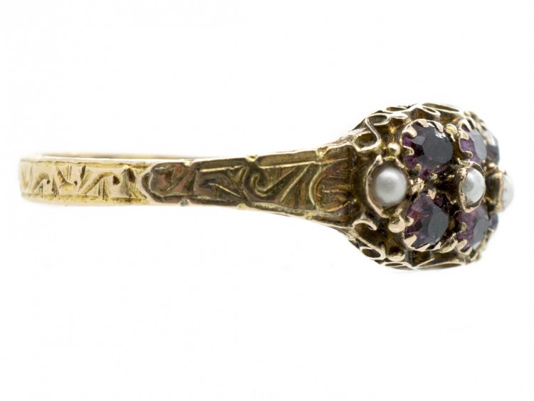 Victorian 15ct Gold Almandine Garnet & Natural Split Pearl Ring