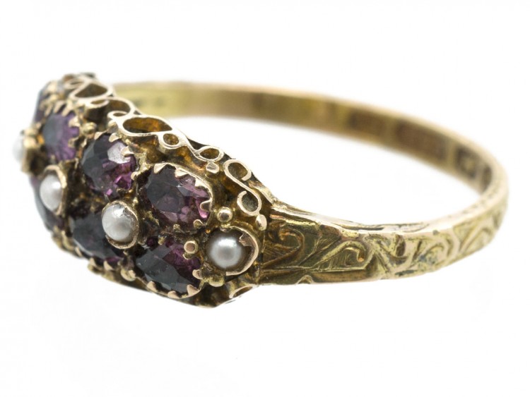 Victorian 15ct Gold Almandine Garnet & Natural Split Pearl Ring