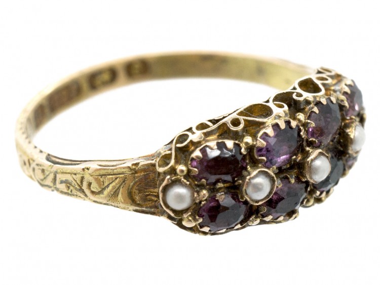 Victorian 15ct Gold Almandine Garnet & Natural Split Pearl Ring