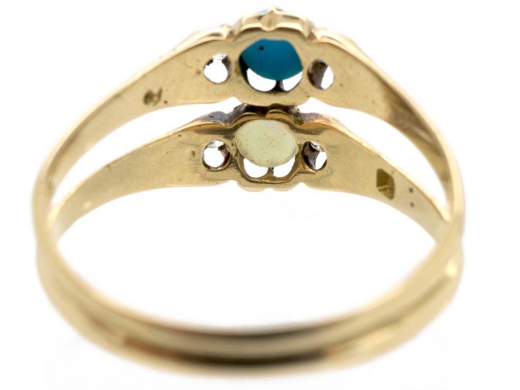 Victorian 18ct Gold Double Ring set with Turquoise, Diamonds & A Natural Pearl
