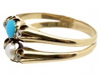Victorian 18ct Gold Double Ring set with Turquoise, Diamonds & A Natural Pearl