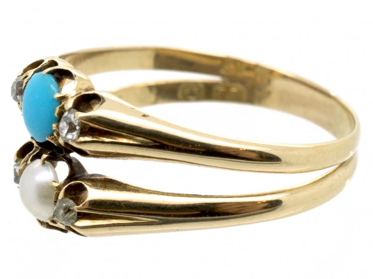 Victorian 18ct Gold Double Ring set with Turquoise, Diamonds & A Natural Pearl
