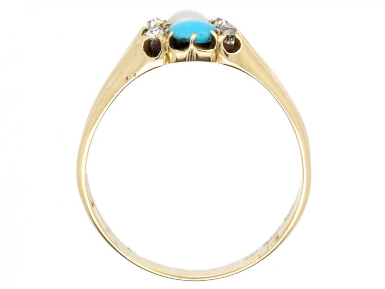 Victorian 18ct Gold Double Ring set with Turquoise, Diamonds & A Natural Pearl
