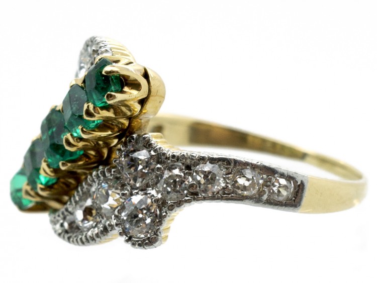 Edwardian 18ct Gold & Platinum Emerald & Diamond Diagonal Ring